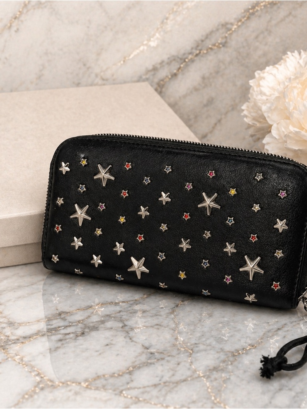 Jimmy Choo Filipa Star Studded Zip Around Wallet Black Multi Crystal Leather